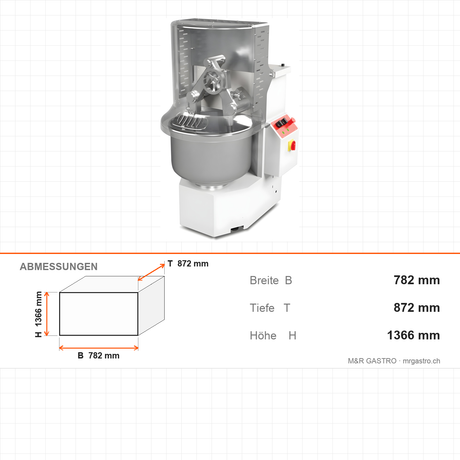 Doppelarm-Teigknetmaschine, 65 L, 25 kg Mehl, 10 Geschwindigkeiten, 2,2 kW, 400V, 782×872×1366 mm – Abmessungen