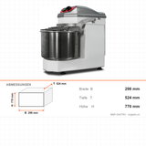 Spiral-Teigknetmaschine, 11 L, 10 kg Teig, 0,37 kW, 230V, Tischmodell, 298×524×770 mm – Abmessungen