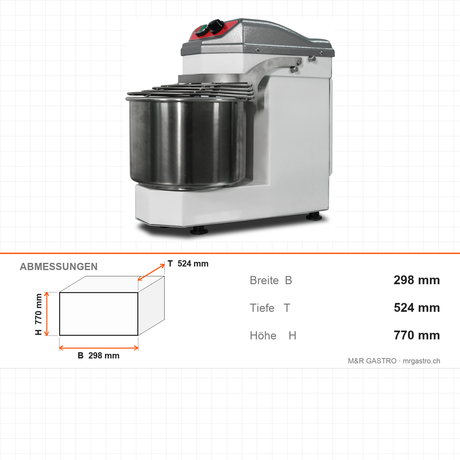 Spiral-Teigknetmaschine, 11 L, 10 kg Teig, 0,37 kW, 230V, Tischmodell, 298×524×770 mm – Abmessungen