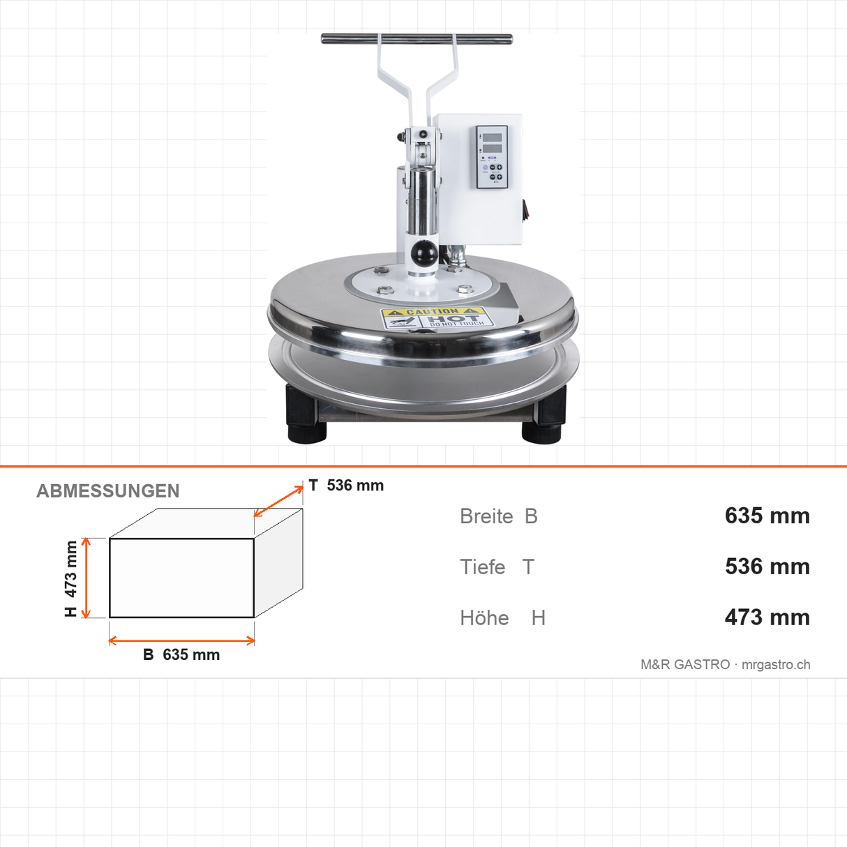 Teigpresse, beheizt, 45 cm Platte, Dicke 1–15 mm einstellbar, max. 235 °C, 3300 W, 635×536×473 mm – Abmessungen