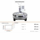Teigpresse, beheizt, 45 cm Platte, Dicke 1–15 mm einstellbar, max. 235 °C, 3300 W, 635×536×473 mm – Abmessungen