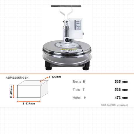 Teigpresse, beheizt, 45 cm Platte, Dicke 1–15 mm einstellbar, max. 235 °C, 3300 W, 635×536×473 mm – Abmessungen