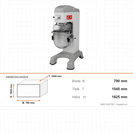 Planeten-Rührmaschine, 60 L, stufenlose Geschwindigkeit, Schüssellift, 2,2 kW, 400V, 790×1045×1625 mm – Abmessungen