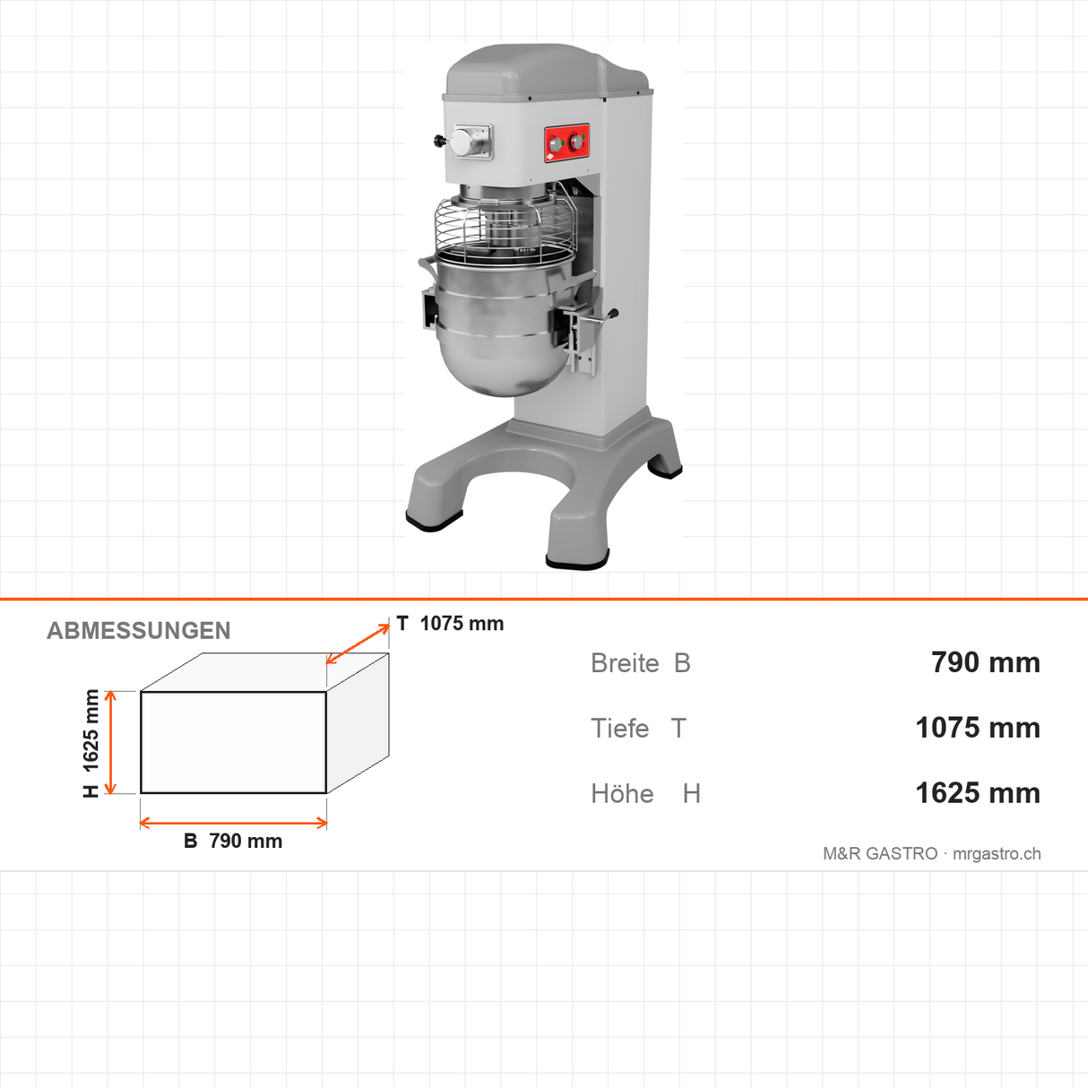 Planeten-Rührmaschine, 80 L, stufenlose Geschwindigkeit, Schüssellift, 2,2 kW, 400V, 790×1075×1625 mm – Abmessungen