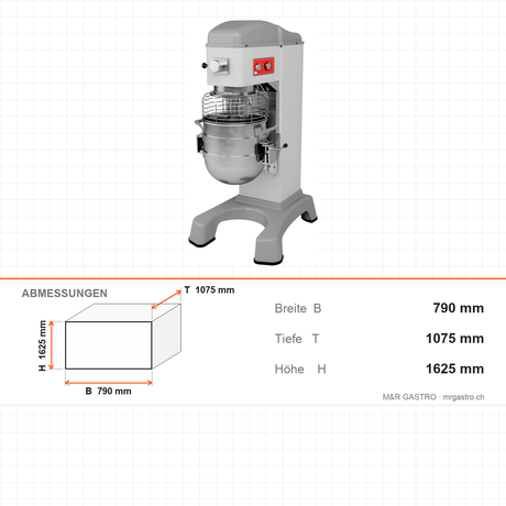 Planeten-Rührmaschine, 80 L, stufenlose Geschwindigkeit, Schüssellift, 2,2 kW, 400V, 790×1075×1625 mm – Abmessungen
