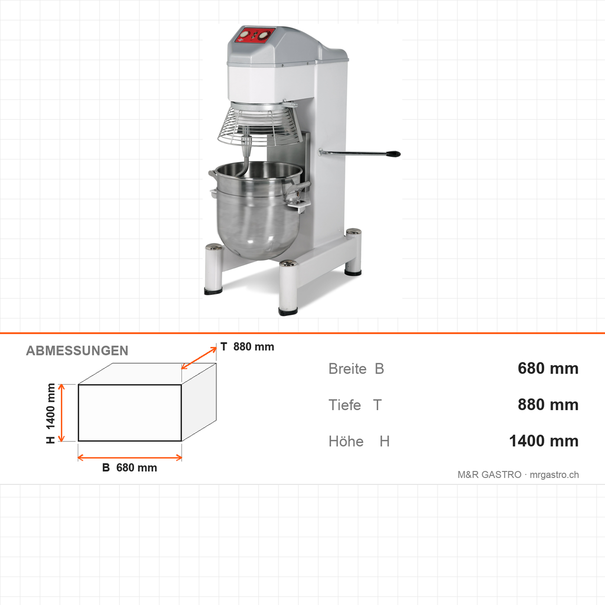 Planeten-Rührmaschine, 40 L, 3 Geschwindigkeiten, 400V, 680×880×1400 mm – Abmessungen