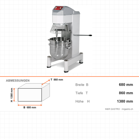 Planeten-Rührmaschine, 30 L, stufenlose Geschwindigkeit, 1,5 kW, 230V, 680×860×1380 mm – Abmessungen