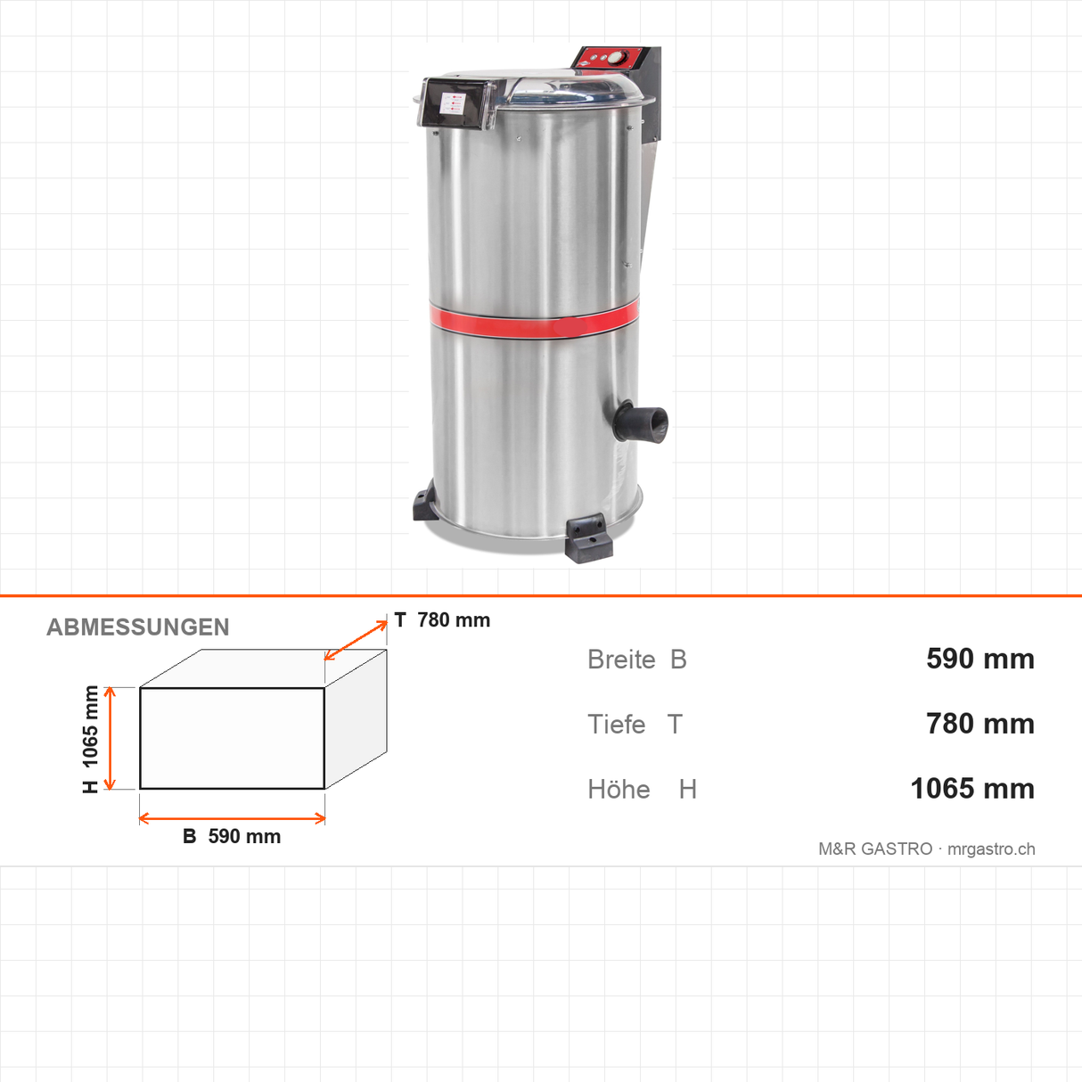 Gemüse- und Salattrockner, 40 Liter, 0,55 kW, Timer, Magnet-Sicherheitsschalter, Edelstahl, 590×780×1065 mm – Abmessungen
