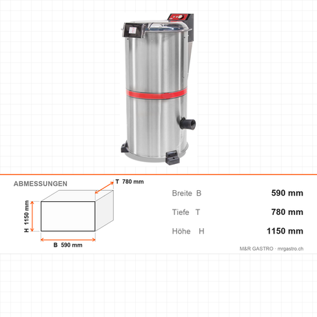 Gemüse- und Salattrockner, 60 Liter, 0,75 kW, Timer, Magnet-Sicherheitsschalter, Edelstahl, 590×780×1150 mm – Abmessungen