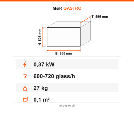 Gläsertrockner, Heißluft, 600-720 Gläser/Stunde, 8 Bürsten, 2,62 kW, Edelstahl, 355×595×505 mm – Technische Daten