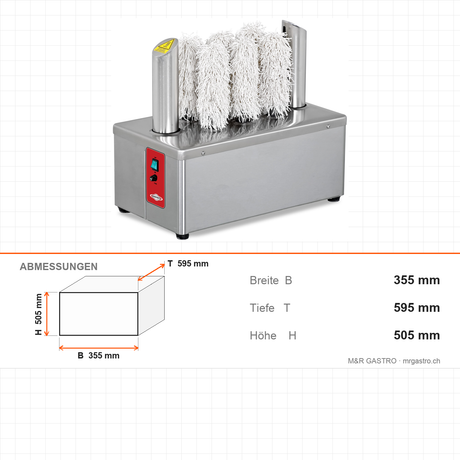 Gläsertrockner, Heißluft, 600-720 Gläser/Stunde, 8 Bürsten, 2,62 kW, Edelstahl, 355×595×505 mm – Abmessungen
