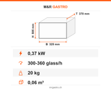 Gläsertrockner, Heißluft, 300-360 Gläser/Stunde, 5 Bürsten, 1,49 kW, Edelstahl, 325×370×505 mm – Technische Daten
