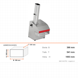 Baguette-Schneidemaschine, 8000 Scheiben/h, Scheibendicke 10-80 mm, 0,25 kW, Edelstahlgehäuse, 390×541×1003 mm – Abmessungen