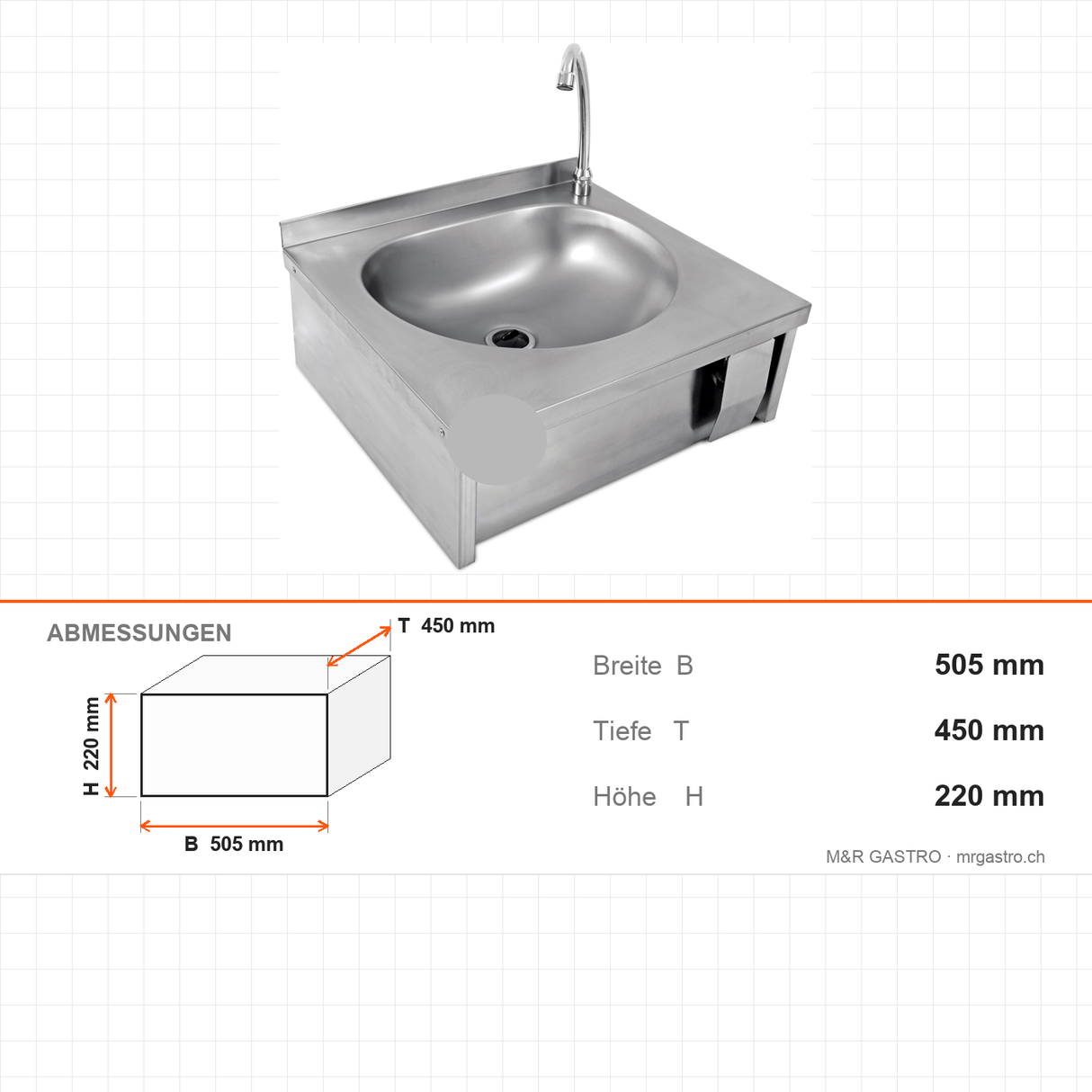 Handwaschbecken Wandmontage, Kniebedienung, Edelstahl, 505×450×220 mm – Abmessungen