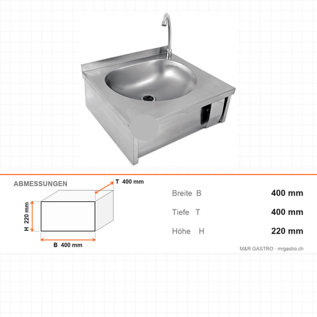 Handwaschbecken Wandmontage, Kniebedienung, Edelstahl, 400×400×220 mm – Abmessungen