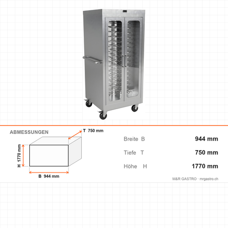 Tellerwärmewagen, 88 Teller Ø 18–32 cm, Digitalthermostat bis 60 °C, 230V, Edelstahl, 944×750×1770 mm – Abmessungen
