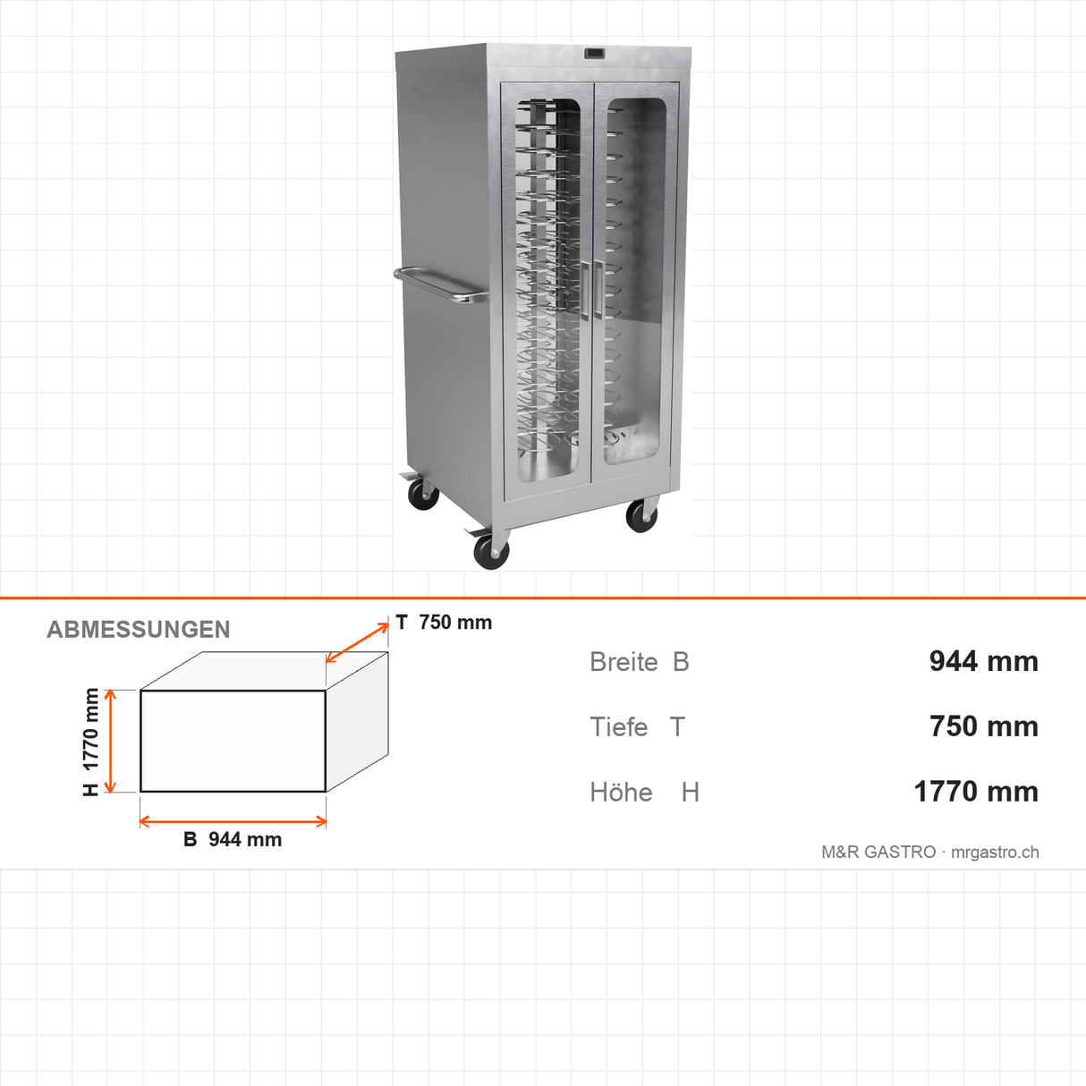 Tellertransportwagen neutral, 88 Teller Ø 18–32 cm, 230V, Edelstahl, 944×750×1770 mm – Abmessungen