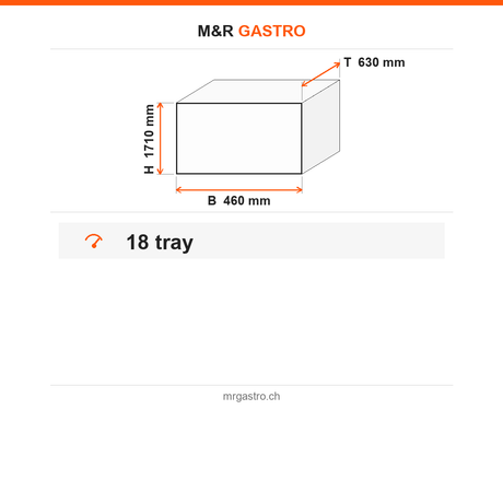 Tablettwagen, einreihig, für 18 Tabletts 40×60 cm und GN 1/1, 460×630×1710 mm – Technische Daten