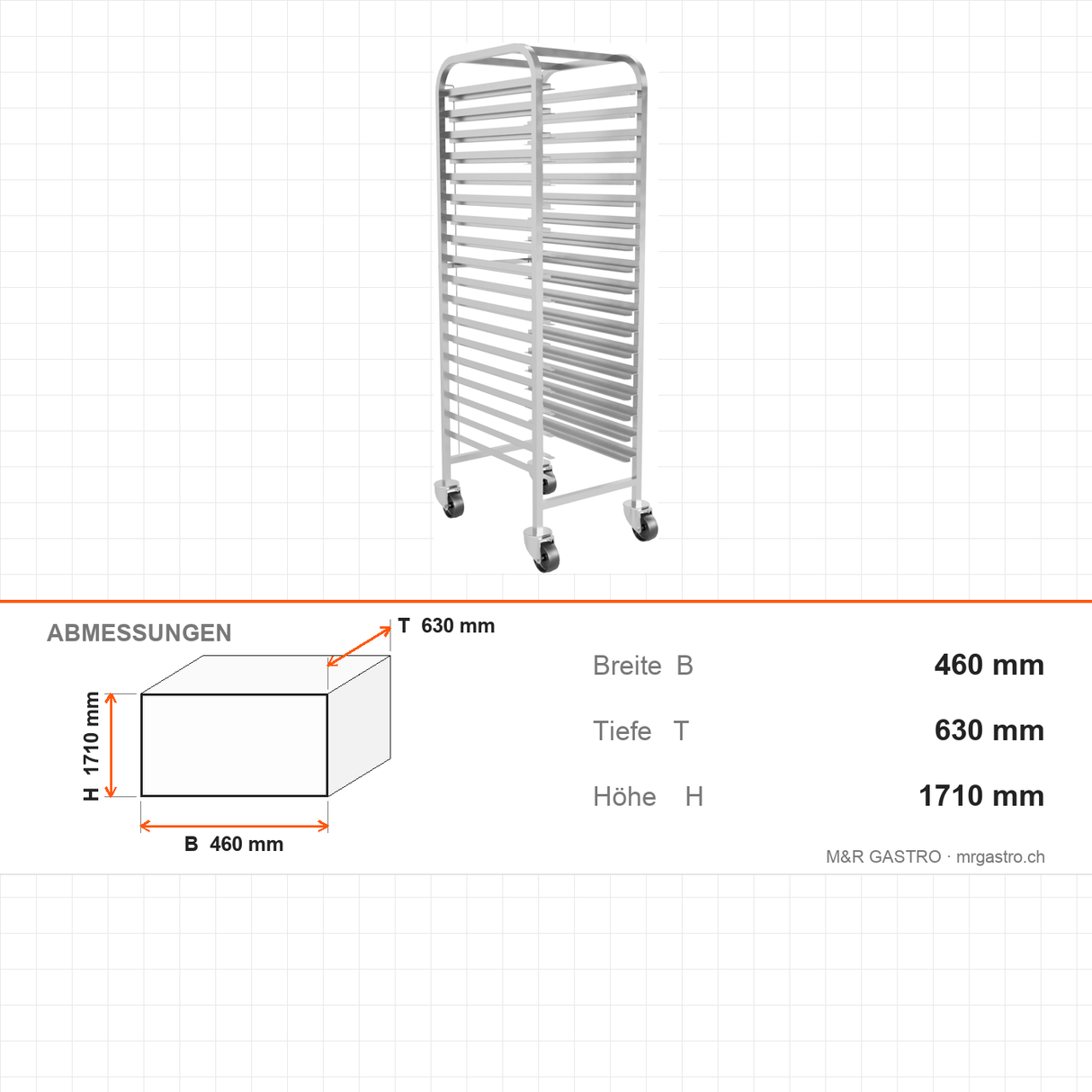 Tablettwagen, einreihig, für 18 Tabletts 40×60 cm und GN 1/1, 460×630×1710 mm – Abmessungen