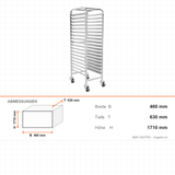 Tablettwagen, einreihig, für 18 Tabletts 40×60 cm und GN 1/1, 460×630×1710 mm – Abmessungen