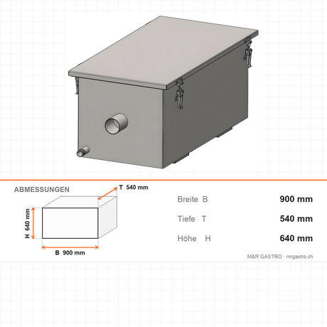 Fettabscheider, 50 L, Edelstahl, 900×540×640 mm – Abmessungen