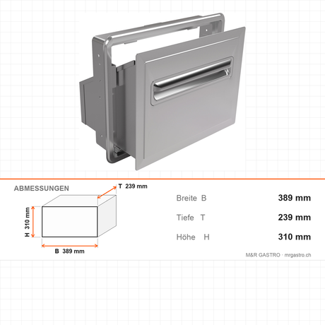 Kaffeeschublade, 2 kg Behälter, Mahlwerk Ø 60 mm, thermischer Motorschutz, Edelstahl AISI 304, 389×239×310 mm – Abmessungen