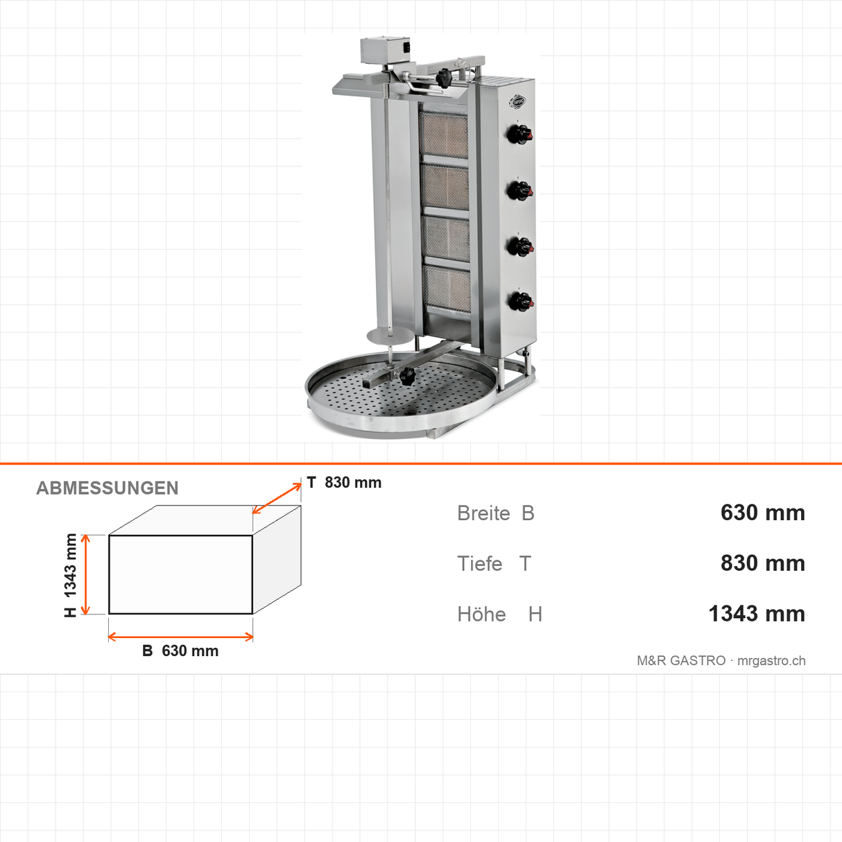 Gas-Dönergrill, Motor oben, 5 Brenner, 17,5 kW, 630×830×1343 mm – Abmessungen