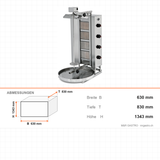 Gas-Dönergrill, Motor oben, 5 Brenner, 17,5 kW, 630×830×1343 mm – Abmessungen