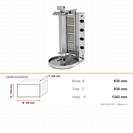 Gas-Dönergrill, Motor oben, 5 Brenner, 17,5 kW, 630×830×1343 mm – Abmessungen