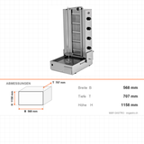 Gas-Dönergrill, Motor unten, 4 Brenner, 14 kW, 568×707×1158 mm – Abmessungen