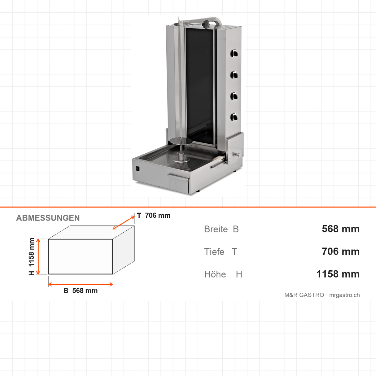 Elektro-Dönergrill mit ROBAX-Glasscheibe, Motor unten, 4 Brenner, 7,2 kW, 568×706×1158 mm – Abmessungen