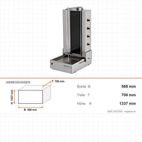 Elektro-Dönergrill mit ROBAX-Glasscheibe, Motor unten, 5 Brenner, 9 kW, 568×706×1337 mm – Abmessungen