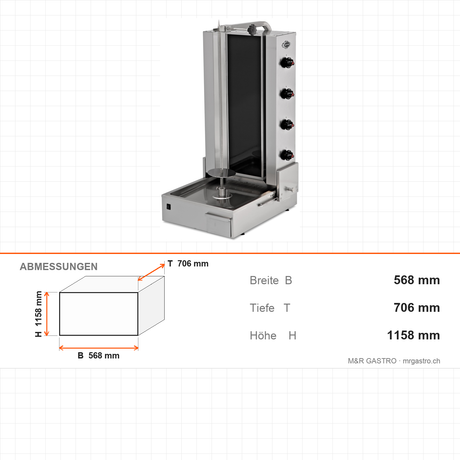 Gas-Dönergrill mit ROBAX-Glasscheibe, Motor unten, 4 Brenner, 14 kW, 568×706×1158 mm – Abmessungen