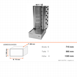 Gas-Dönergrill V-Typ, Motor unten, 10 Brenner, 35 kW, 715×860×1395 mm – Abmessungen