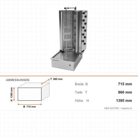 Gas-Dönergrill V-Typ, Motor unten, 10 Brenner, 35 kW, 715×860×1395 mm – Abmessungen