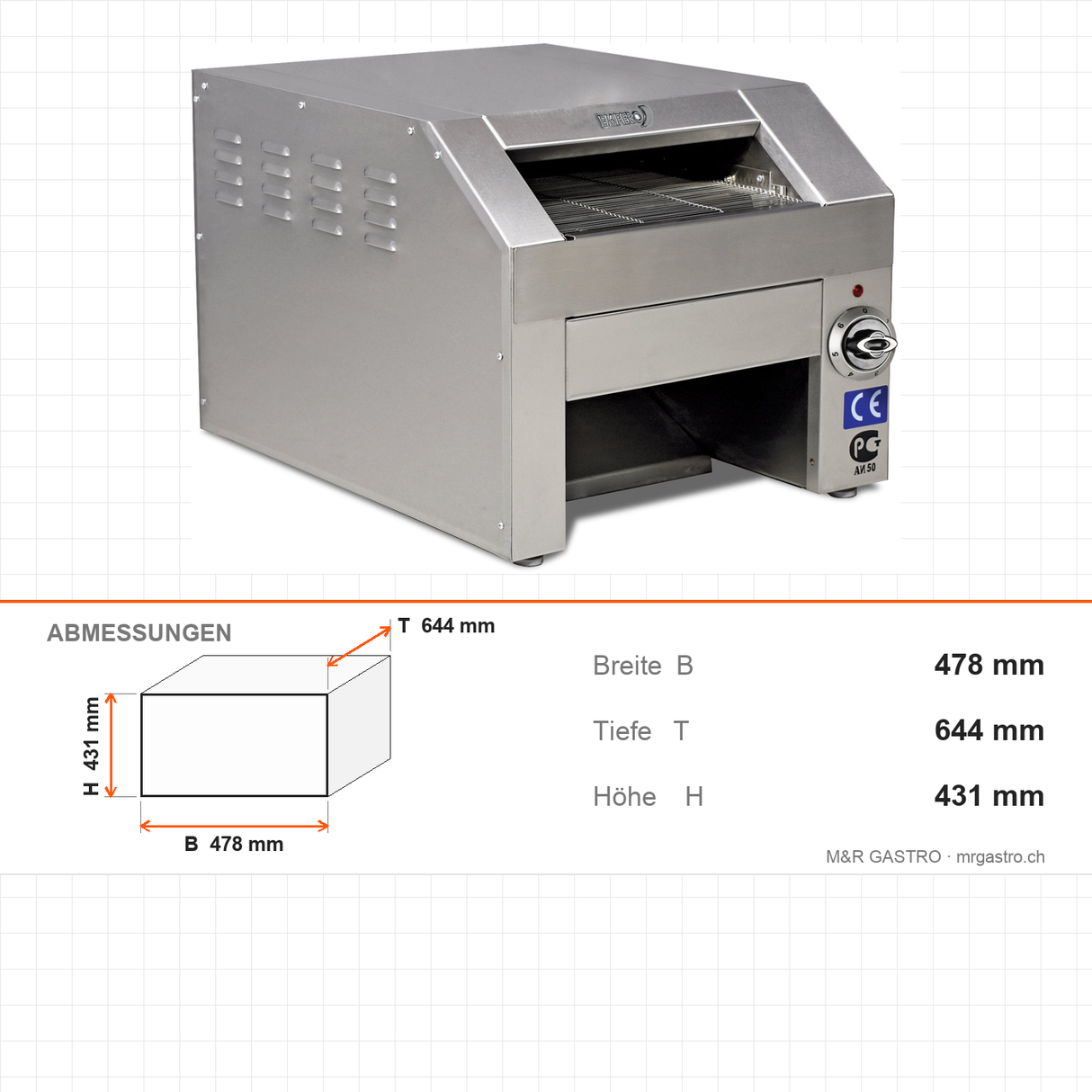 Förderbandtoaster, 3,5 kW, 230 V, 600 Scheiben/Stunde, Edelstahl, 478×644×431 mm – Abmessungen