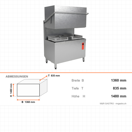 Haubenspülmaschine, Digitalsteuerung, 2000 Teller/Stunde, 3 Programme, 2 Waschmotoren, Korb 500×500 mm, 19 kW, 1360×835×1480 mm – Abmessungen