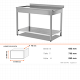 Geschirrspüler-Ausgabetheke neutral, Ablageboden links, 0,4 m³, 600×750×890 mm – Abmessungen