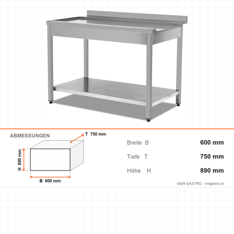 Geschirrspüler-Ausgabetheke neutral, Ablageboden links, 0,4 m³, 600×750×890 mm – Abmessungen