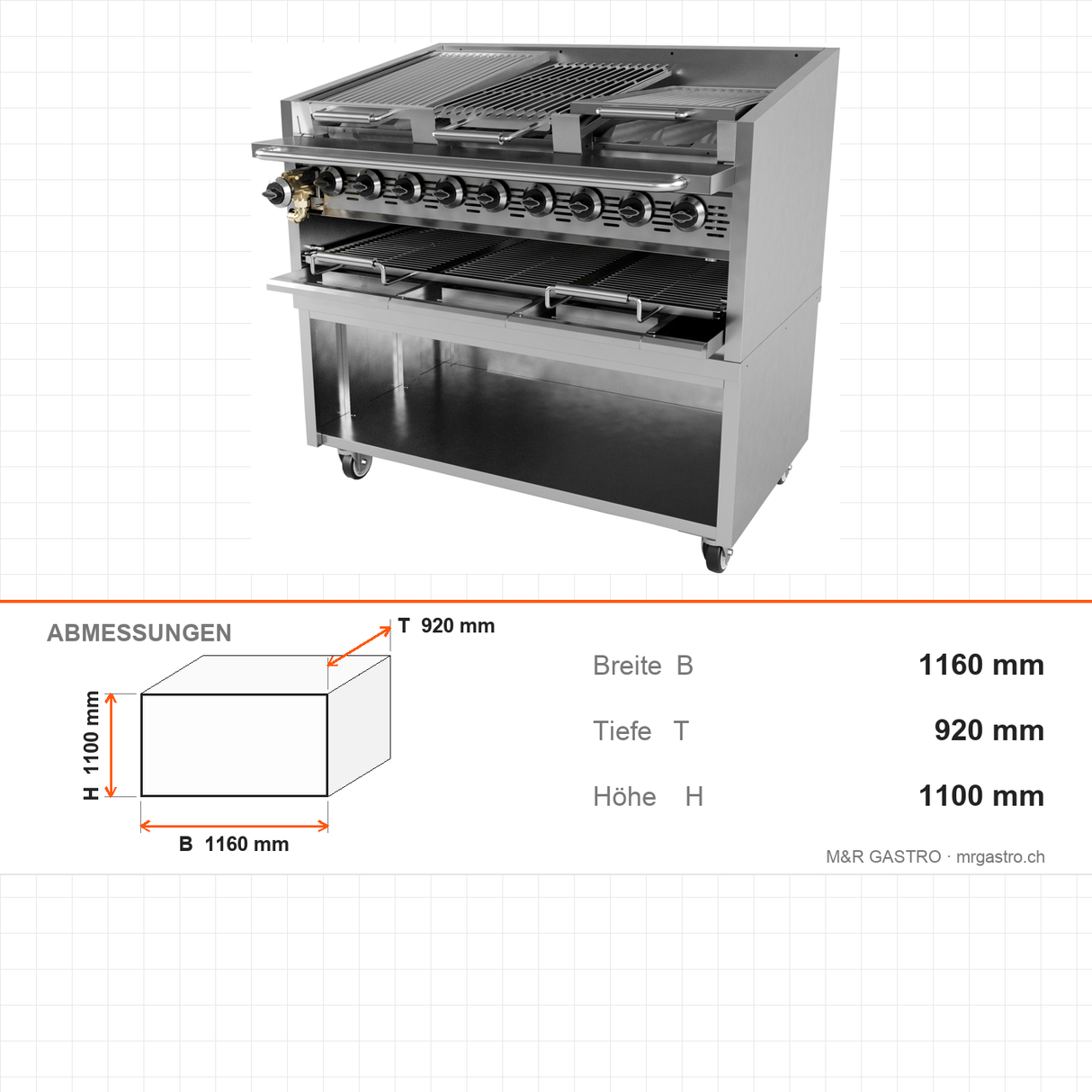 Gas-Lavasteingrill American, 36,2 kW, Mehrzonen-Heizung, Gusseisenbrenner, 1160×920×1100 mm, Serie 700 – Abmessungen