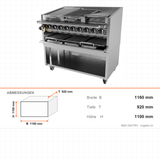 Gas-Lavasteingrill American, 36,2 kW, Mehrzonen-Heizung, Gusseisenbrenner, 1160×920×1100 mm, Serie 700 – Abmessungen