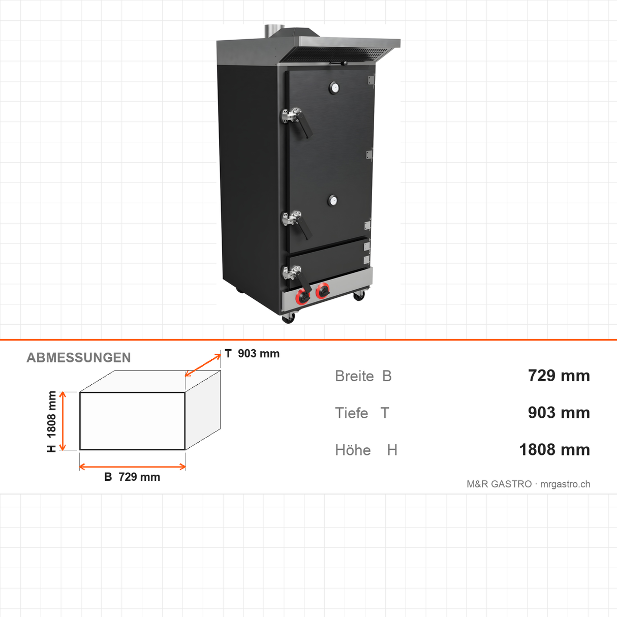 Räucherofen Gas, 4 Roste, 70 kg, Temperatur- & Luftregelung, Edelstahl, 729×903×1808 mm – Abmessungen