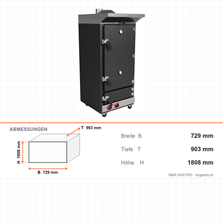 Räucherofen Gas, 4 Roste, 70 kg, Temperatur- & Luftregelung, Edelstahl, 729×903×1808 mm – Abmessungen