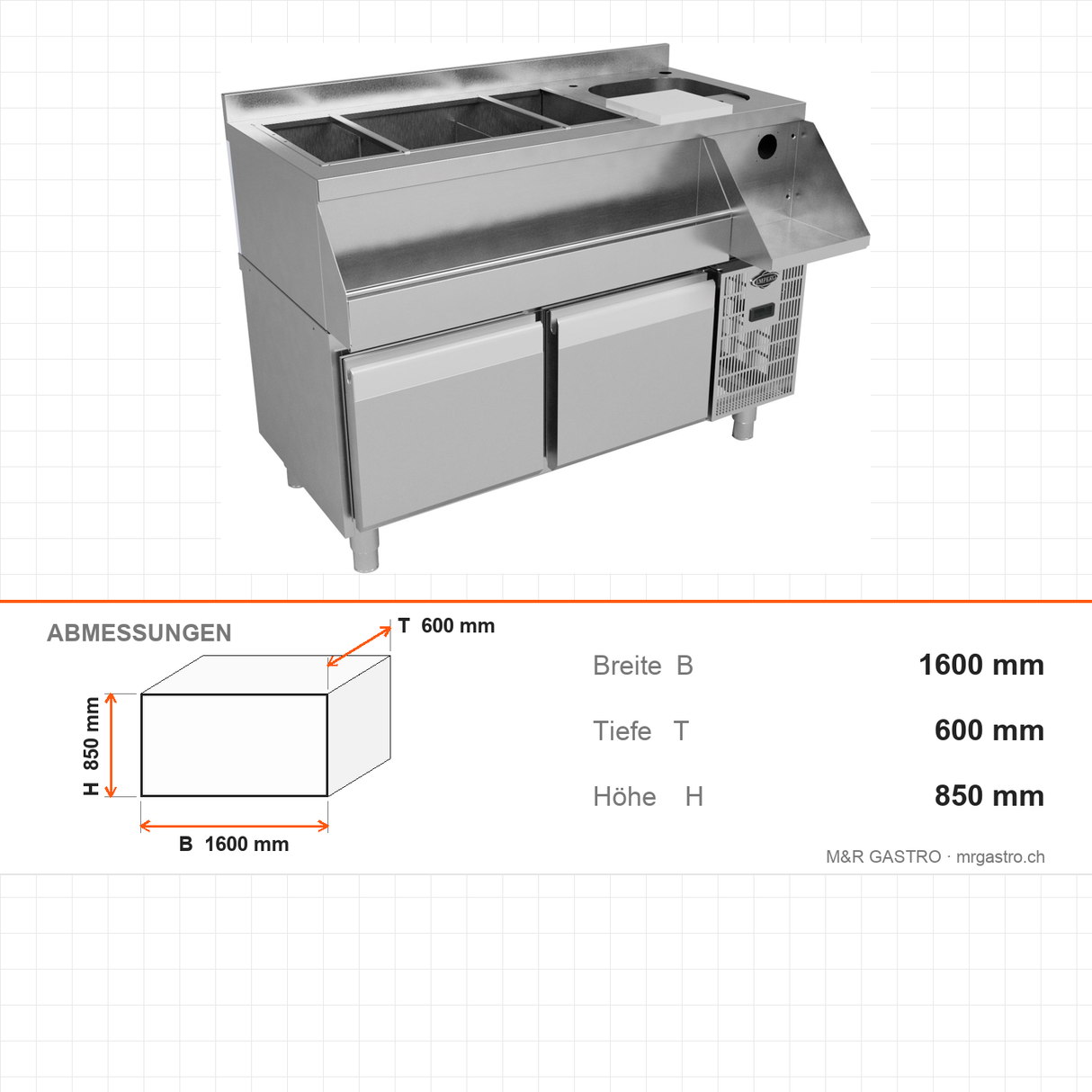 Unterbaukühltisch mit Cocktailstation, 4 Schubladen, 4x2/3 200 GN, 1600×600×850 mm – Abmessungen