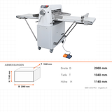Teigausrollmaschine mit Band, automatisch, Bandbreite 520 mm, digitale Dickenanzeige, verstellbare Dicke, Edelstahl, 0,55 kW, 2060×1040×1140 mm – Abmessungen