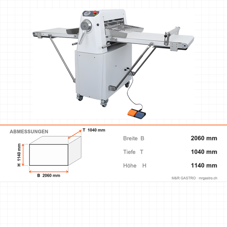 Teigausrollmaschine mit Band, automatisch, Bandbreite 520 mm, digitale Dickenanzeige, verstellbare Dicke, Edelstahl, 0,55 kW, 2060×1040×1140 mm – Abmessungen