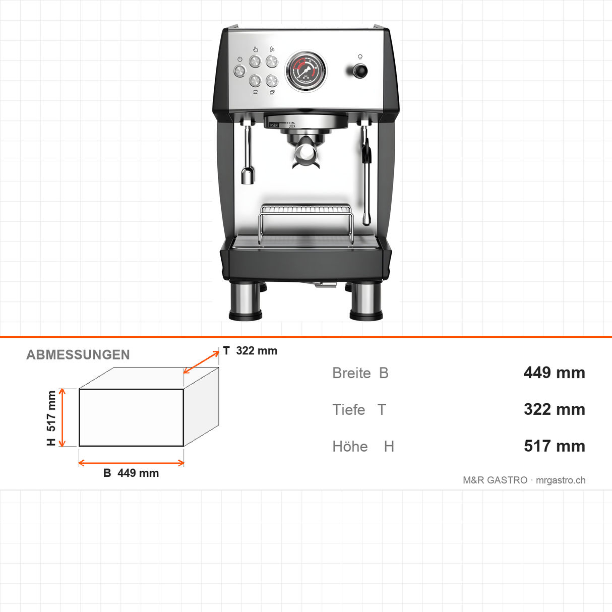 Espressomaschine, 1-gruppig, Wassertank 3,8 L, Pumpendruck 20 Bar, 3,55 kW, 449×322×517 mm – Abmessungen