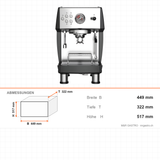 Espressomaschine, 1-gruppig, Wassertank 3,8 L, Pumpendruck 20 Bar, 3,55 kW, 449×322×517 mm – Abmessungen