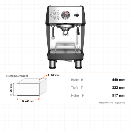 Espressomaschine, 1-gruppig, Wassertank 3,8 L, Pumpendruck 20 Bar, 3,55 kW, 449×322×517 mm – Abmessungen