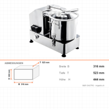 Cutter Mixer, 9 L, 0,95 kW, 986–2470 U/min, Edelstahl, 316×523×444 mm – Abmessungen